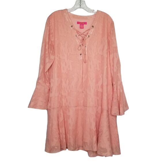 Catherine Malandrino Bell Sleeve Rose Pink Mini Dress Lace Front Boho Hippie XL - Picture 1 of 8